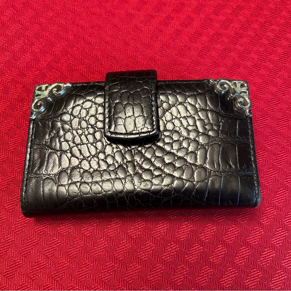 Brighton Black Leather Crocodile Bifold Wallet Change Card Slots 2 Snap Sections - Picture 1 of 7